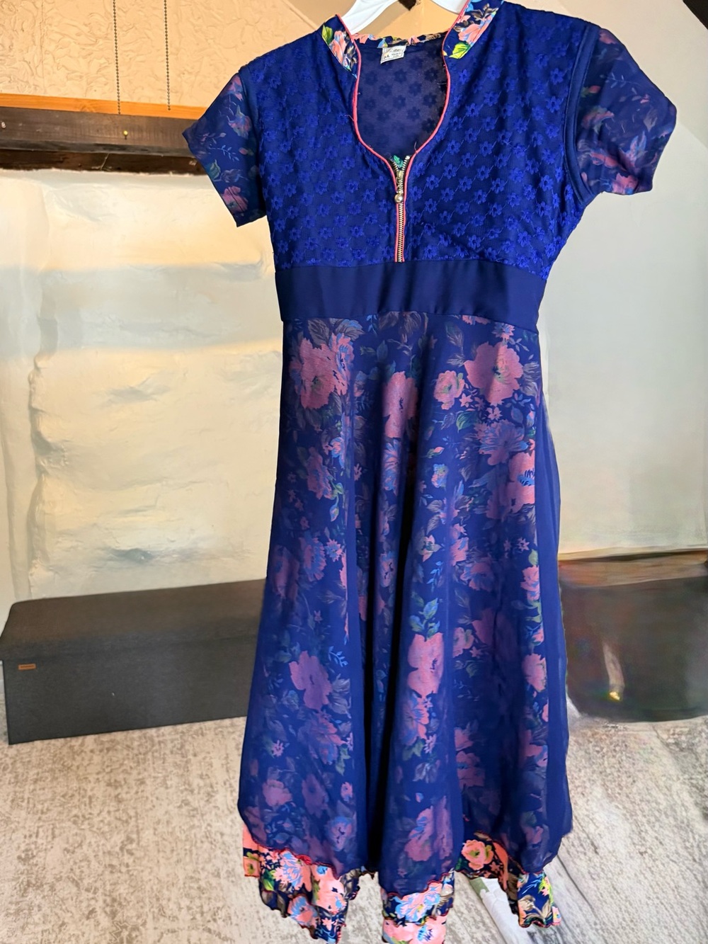 Girls' Floral Navy Blue Fit & Flare Dress with Zip Neck